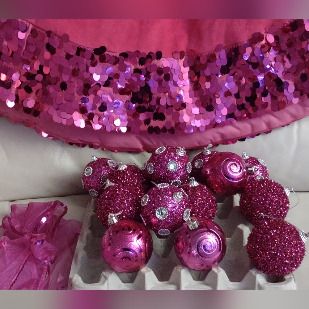 Pink & silver sequin rhinestone holiday tree ornaments w/matching tree skirt